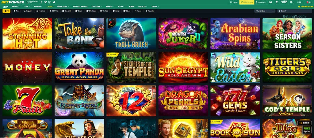 BetWinner Casino offers top slot games from NetEnt, Microgaming, and Pragmatic Play, including Mega Moolah and Book of Dead.
