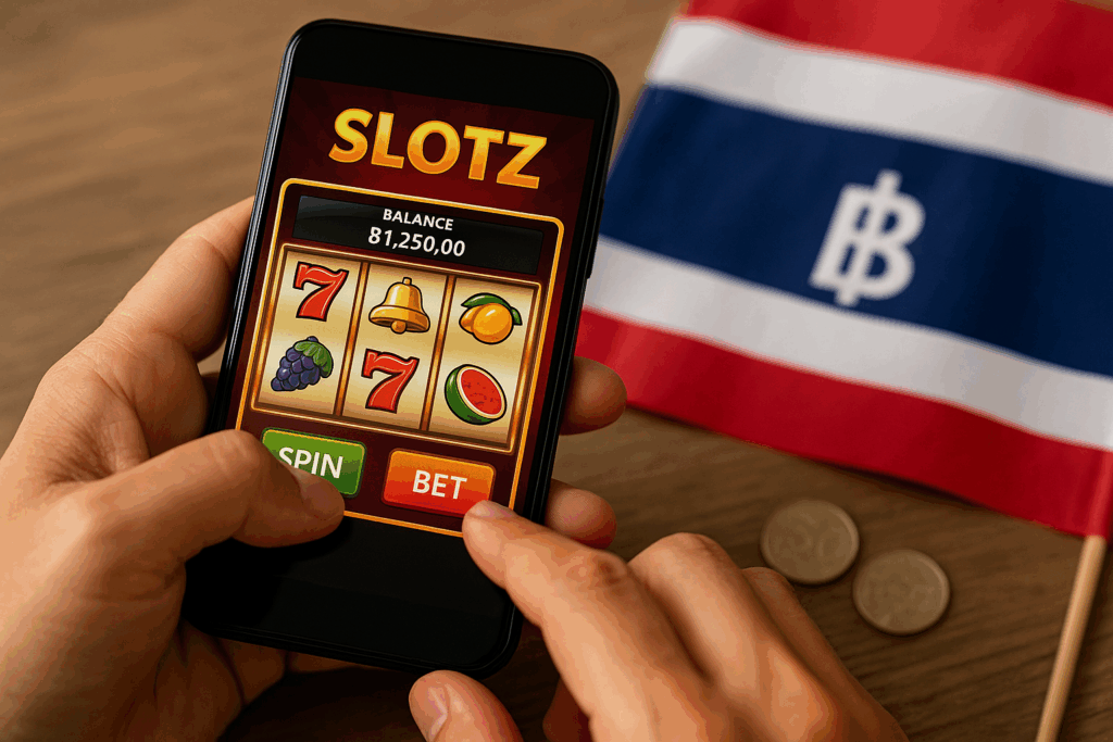 Person playing a slot machine game on a smartphone with a Thai flag and baht coins in the background, showing real online gambling activity in Thailand.