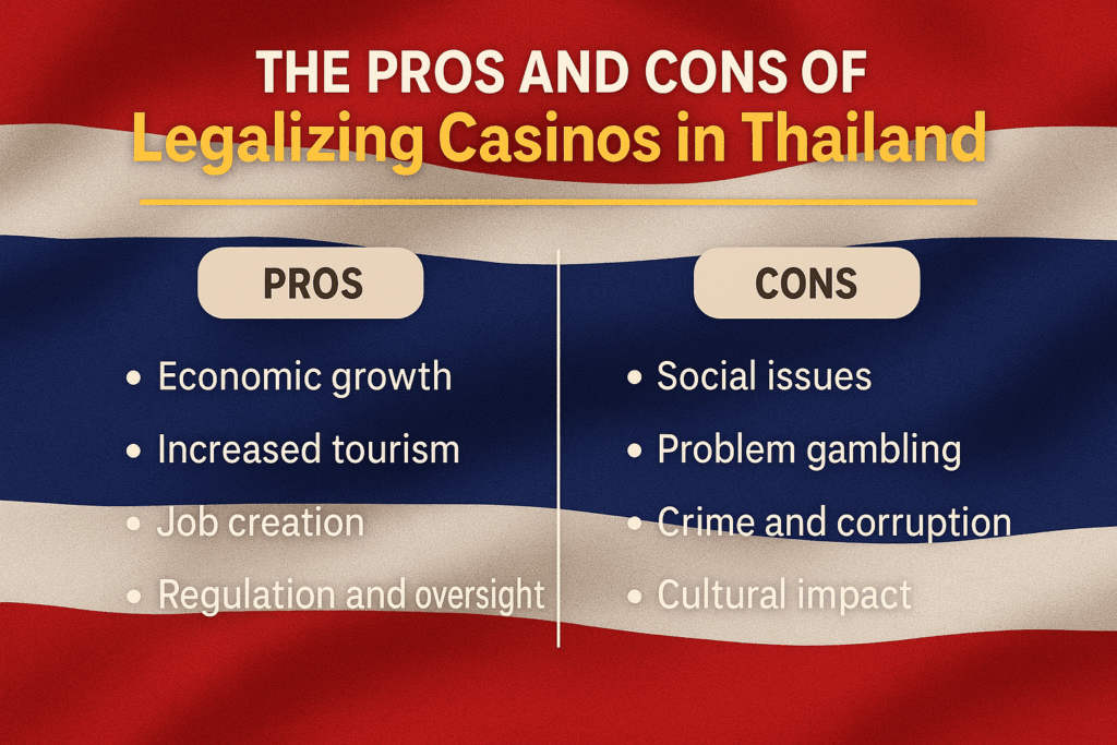Infographic comparing benefits and drawbacks of legalizing casinos in Thailand, with points like economic growth and problem gambling.